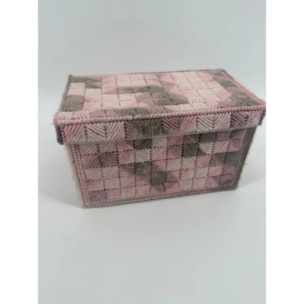 Vintage Handmade Yarn Kleenex Box Cover Pink Gray Plastic Canvas Tissue Holder